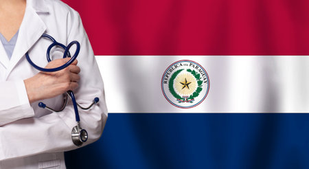 Paraguayan medicine and healthcare concept. Doctor close up against flag of Paraguayan backgroundの写真素材