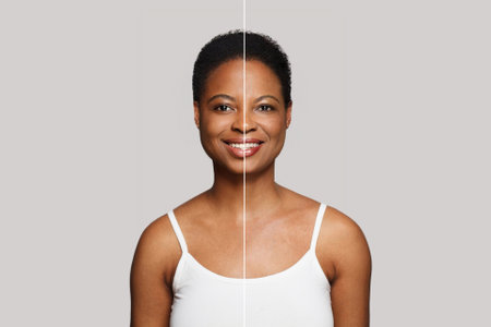 Cute healthy young woman and senior women smiling on white background. Aging, cosmetology, plastic surgery and retouching before and after conceptの写真素材