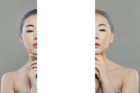 Two faces of Asian woman, young adult and senior. Aging, beauty, plastic surgery and retouching...