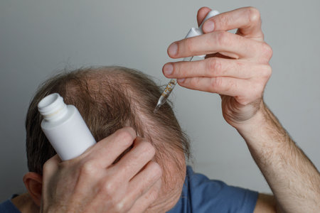 Male using hair serum or minoxidil or hair oil for the treatment of hair lossの写真素材