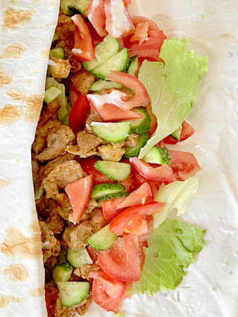 Chicken shawarma background. Meat, lettuce and tomatoesの写真素材