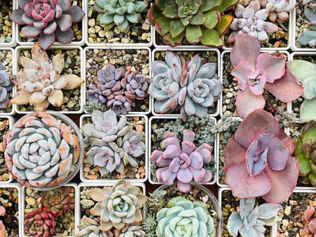Floral Succulent blossom greenery background, top viewの写真素材