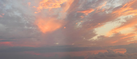 Fantastic sunset sky with colorful cloud. Panoramic twilight skyline horizon travel backgroundの写真素材