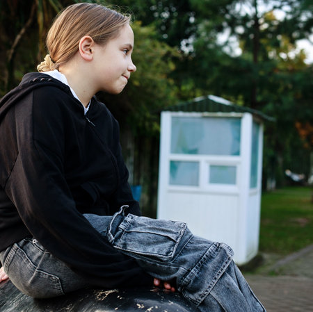 Cheerful child girl, outdoors portraitの写真素材