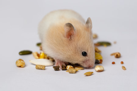Small Syrian hamster eating seeds on white background. Animal pet