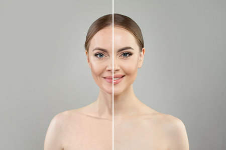 Pretty woman before and after posing on white background. Two women portrait. Rejuvenation, cosmetic, medicine, anti aging and beauty conceptの写真素材