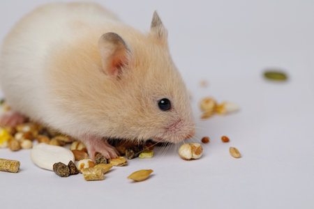 Small hamster eating seeds on white backgroundの写真素材
