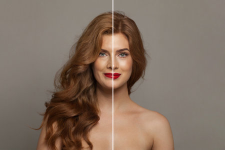 Redhead young model woman and mature woman. Two female faces collage set.の写真素材