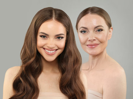Cute young model woman and mature woman. Two female faces collage set.の写真素材