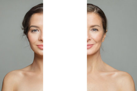 Healthy woman before and after posing on white background. Two women portrait. Rejuvenation,...