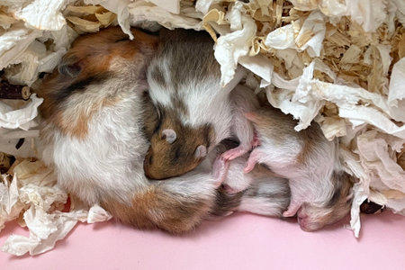 Golden hamster mother with her baby hamster 10 days oldの写真素材