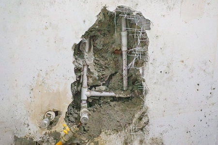 Hole in old building, drain pipesの写真素材