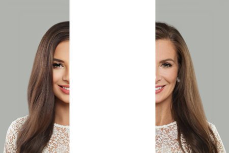 Charming female face on white background. Young and mature adult model woman with healthy and...