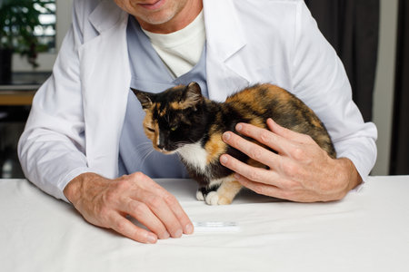 Male vet with cat in veterinary clinic close-upの写真素材
