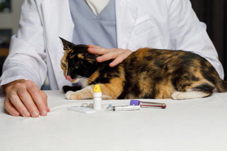 Cute cat being examined by a pet doctor. Veterinary concept. Veterinary clinic, vet care, animal hospital indoor. Pet check and vaccinationの写真素材