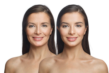 Attractive female face before and after lifting cosmetics procedure, studio portraitの写真素材