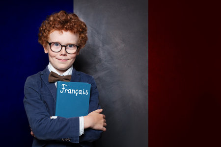 Handsome child boy holding book with the inscription Francais in France standing against French flag background. Education and study language in France conceptの写真素材
