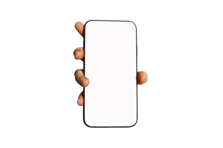 Hand showing smartphone with blank empty white screen display for new application or mobile website, Mockup bannerの写真素材