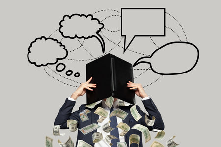 Frustrated stressed businessman hiding his head under laptop in office with icons drawings and dollars falling from his laptop. Concept of money, education and entrepreneurshipの写真素材