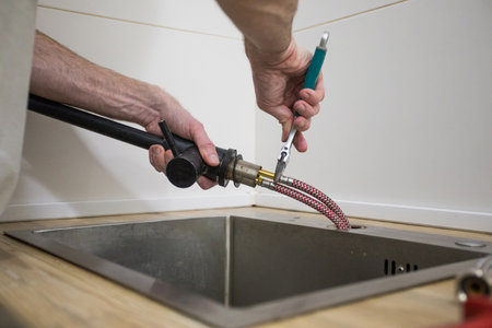 Plumber repair water tap in kitchen, Close up of hands of repairman fixing leaking waterの写真素材