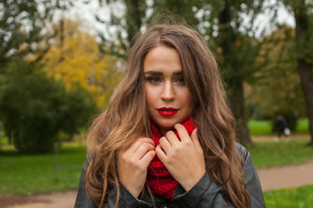 Pretty young woman portrait outdoorsの写真素材
