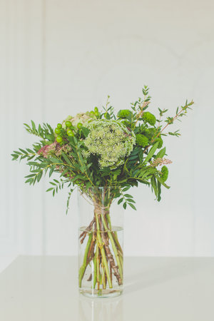 Green bouquet. Natural fresh flower, plant and grass in vase on white backgroundの写真素材