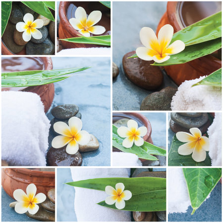 Spa Essentials Collage with Flowers, Towels and Fresh Waterの写真素材