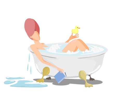 Woman taking bath with yellow chick. Vector illustration in flat cartoon styleのイラスト素材