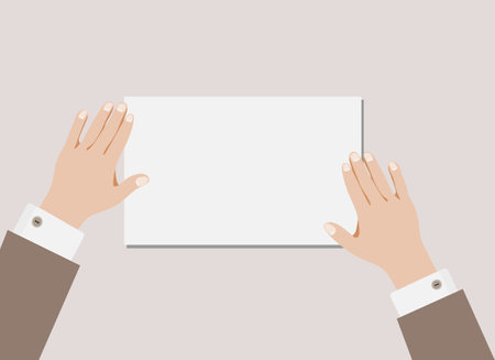 Hands holding a blank sheet of paper. Vector illustration in flat styleのイラスト素材