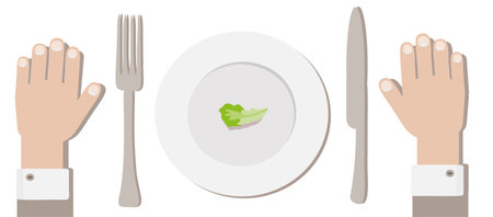 Vector illustration of hands holding a plate, fork, knife and lettuce on a white backgroundのイラスト素材