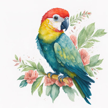 Beautiful watercolor parrot with flowers on a white background.の素材