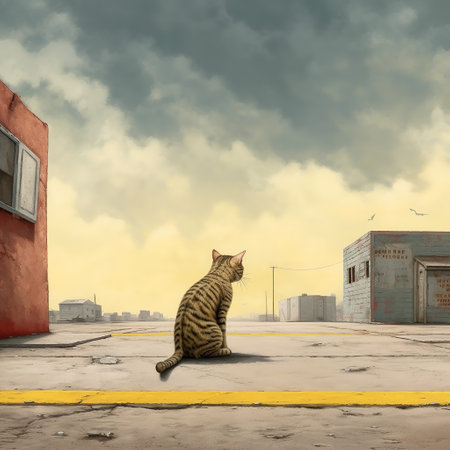Illustration of a cat sitting in the middle of the streetの素材