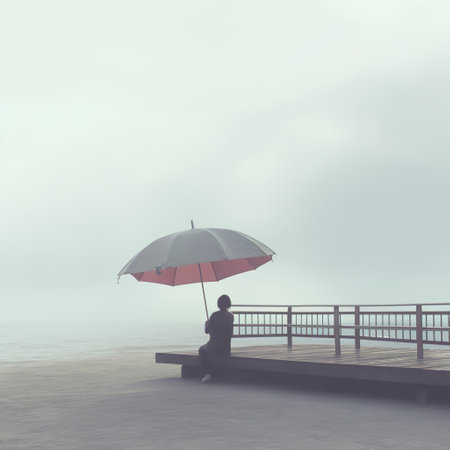 A person sitting on a wooden pier with an umbrella in the fog.の素材