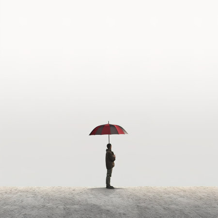 A person holding an umbrella standing in the middle of the empty spaceの素材