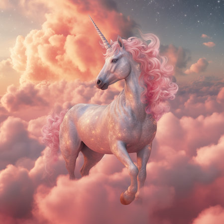 Unicorn in the sky with clouds. 3D illustration.の素材