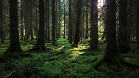 Dark forest with green moss and sunbeamsの素材
