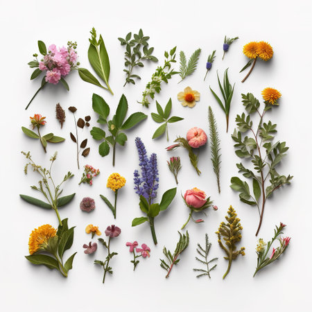Flowers composition on white background. Flat lay, top view.の素材