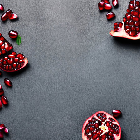 Ripe pomegranate fruit with seeds on black background with copy spaceの素材