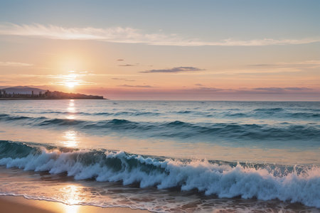 Beautiful sunset on the beach. Sea waves in the foreground.の素材