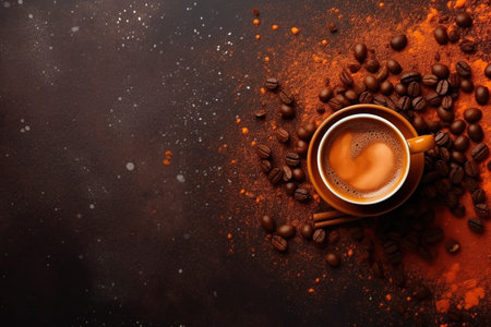Cup of coffee with beans and cinnamon on dark background, top view with copy spaceの素材