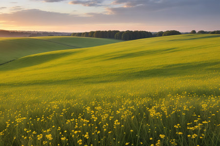 Sunset over a green field with yellow buttercups in the foregroundの素材