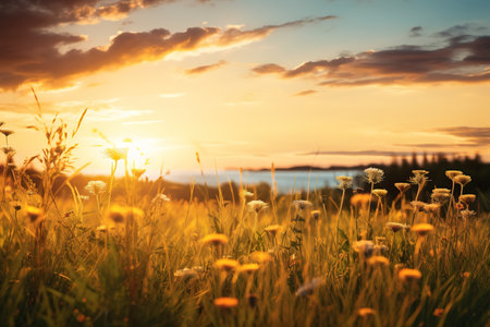 Beautiful sunset over the meadow with flowers. nature backgroundの素材