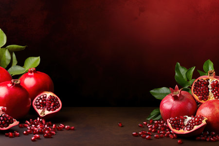 Ripe pomegranate fruit with leaves and seeds on dark background with copy spaceの素材