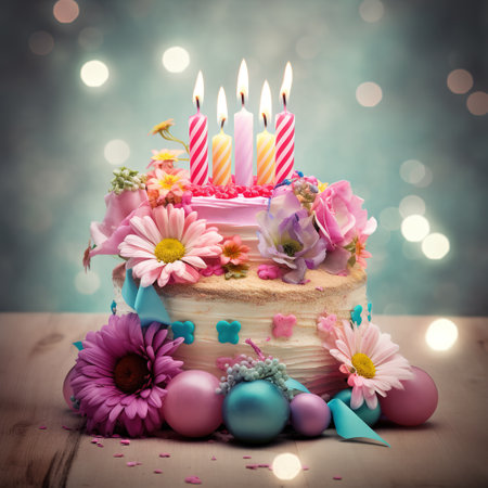 birthday cake with candles and flowersの素材