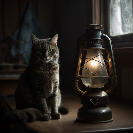 Cute tabby cat with a lantern in a dark room.の素材