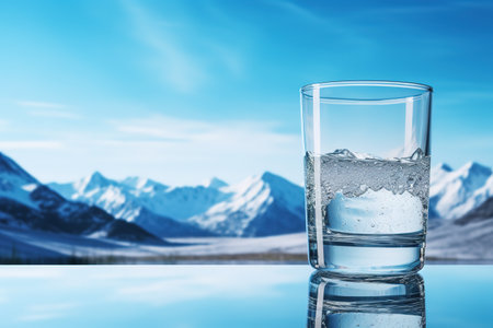 Glass of water on the background of mountains and blue sky with clouds. background with copy space.の素材
