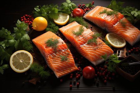 Fresh salmon fillet with herbs, spices and vegetables on wooden backgroundの素材