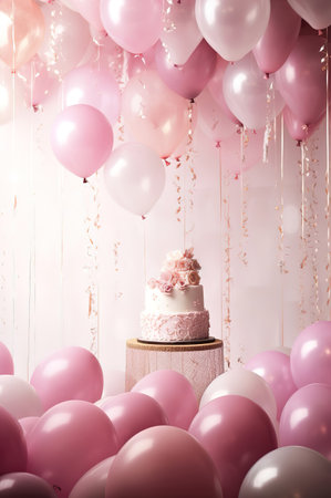 Birthday cake with pink balloons and confetti on pastel backgroundの素材