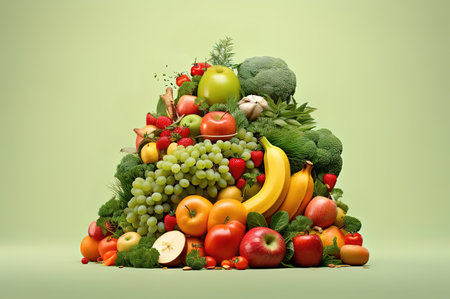 Fruits and vegetables in the form of a pyramid on a green background. healthy food conceptの素材