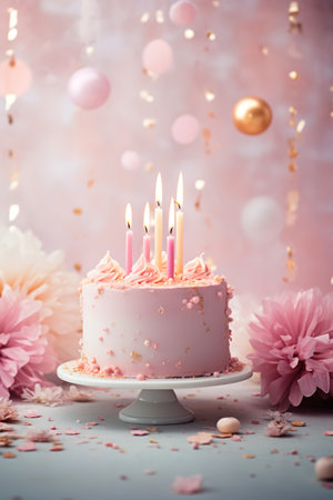 Birthday cake with burning candles and pink flowers on a pink background with bokehの素材